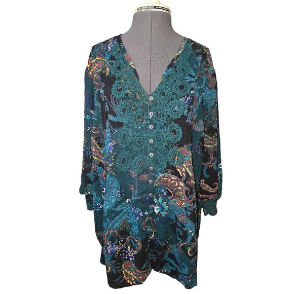 Denim 24/7 Paisley Long-Sleeve Tunic 26/28W With Crochet Detail & Button Boho - Picture 1 of 4